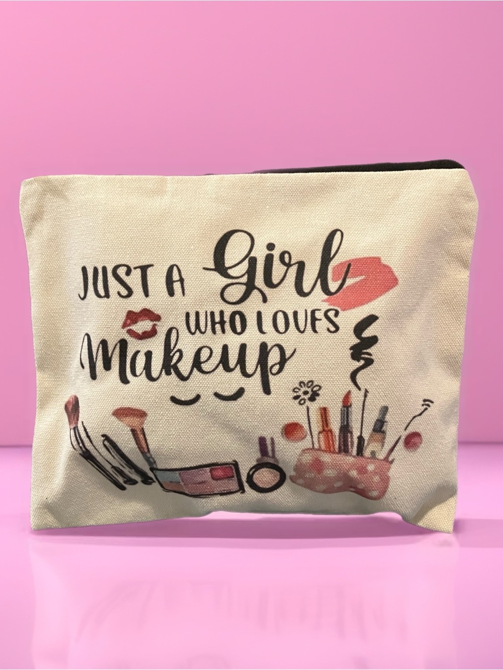 Beige Canvas Cosmetic Pouch - 'Just a Girl Who Loves Makeup'